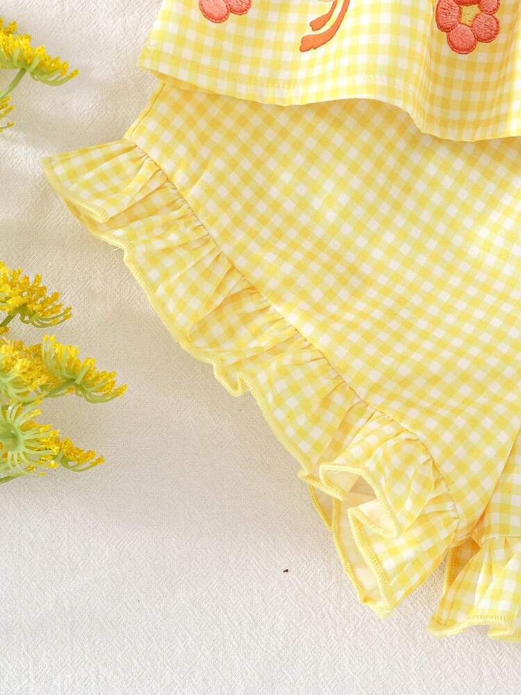 Cozy Pixies 女婴碎花印花方领荷叶边无袖上衣和松紧腰短裤两件套 - 黃色 - 查看 5