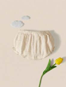 SHEIN 新生儿纯色褶皱松紧腰休闲短裤 - 米色 - 查看 3