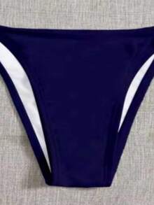 SHEIN Swim 纯色系带泳裤，适合海滩度假，女士泳裤，丁字裤泳衣，女士比基尼，性感塑形泳衣 - 藏蓝色 - 查看 3
