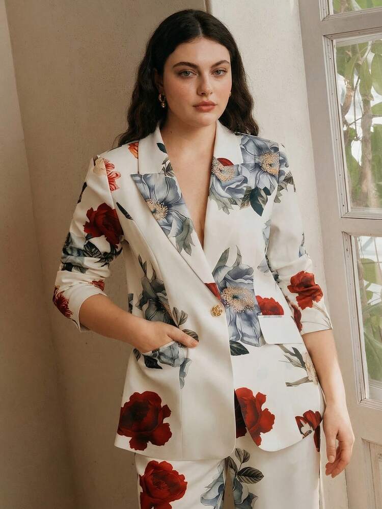 Women's Fashionable, Elegant Floral Print Slim-Fit High-Quality Suit Pants Set, Suitable For Going Out, Party, Formal Occasions