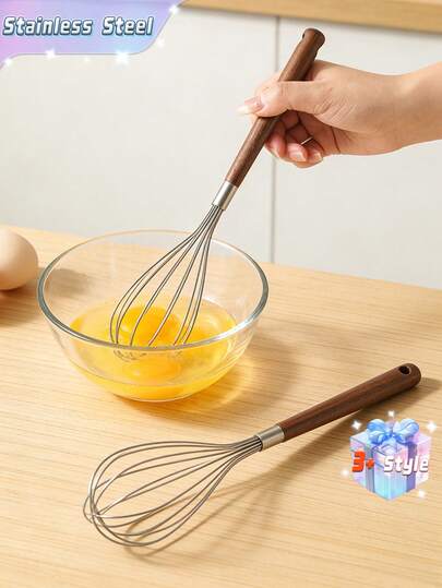 1pc/2pcs/6pcs Stainless Steel, Wooden Handle Manual Egg Beater And Mixer - No Battery Required, Metal Design, Easy Baking And Cooking, Ideal For Whipping And Blending Ingredients, Egg Beater | Manual Mixer | Sturdy Construction, Hand-Held Whisk