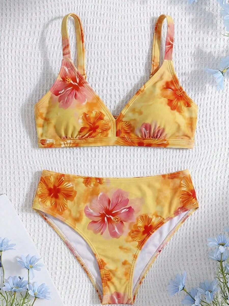 SHEIN 少女夏季碎花吊带比基尼和三角泳裤泳装套装，沙滩度假夏季女童泳装比基尼套装，彩虹比基尼套装，夏季沙滩比基尼碎花泳装 - 珊瑚橙 - 查看 1