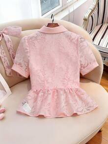 Franclia Women's Pink Floral Elegant Summer Holiday Tea Party Blouse,French Chic Jacquard Puff Sleeves Ruffle Hem Shirt With Lapel Collar,Holiday Commute Top - Pink - View 2