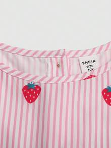 Conjunto informal de vacaciones de primavera/verano para niña preadolescente con top sin mangas con estampado de fresas dulces a rayas rosa y blanco, y pantalones rectos - Rosa - Ver 4