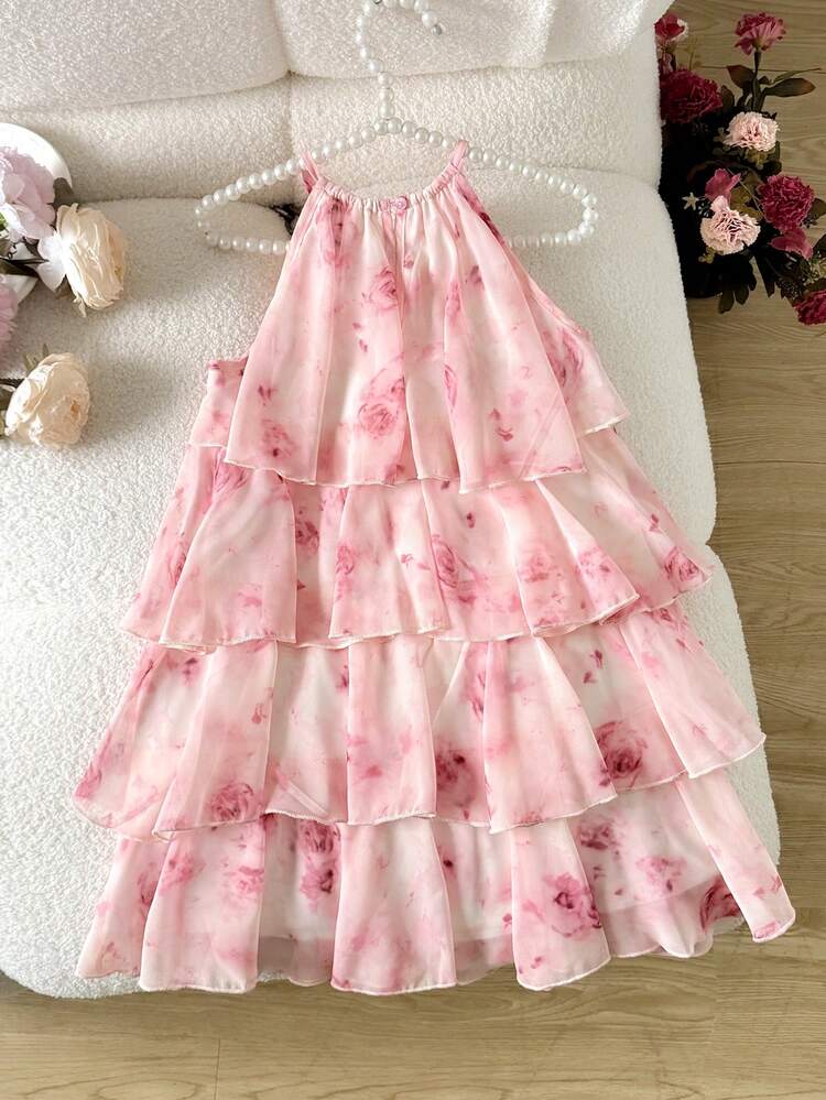 Vestido midi de gasa con estampado floral, escote halter, sin mangas, volantes, elegante y casual para vacaciones - Rosa - Añade 2