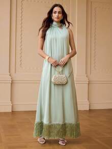 ZEYLAH Women's Solid Color Elegant Fringe Hem Dress - Green - View 4