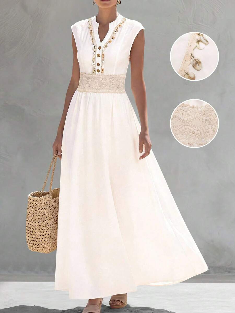 Balvessa Women's Holiday Shell Trim Button Design Waist Contrast Lace Dress - White - View 1