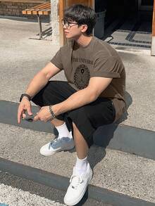 DAZY 男士休闲宽松字母印花短袖T恤 - 棕色 - 查看 7