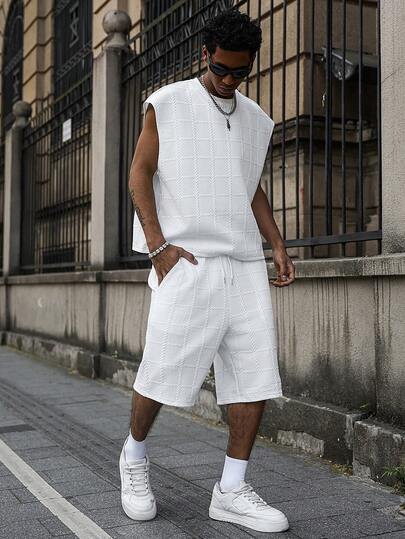 PAVTROS Men's Vest Set, Young Street Style, Quilted Fabric, Fashionable Daily Wear