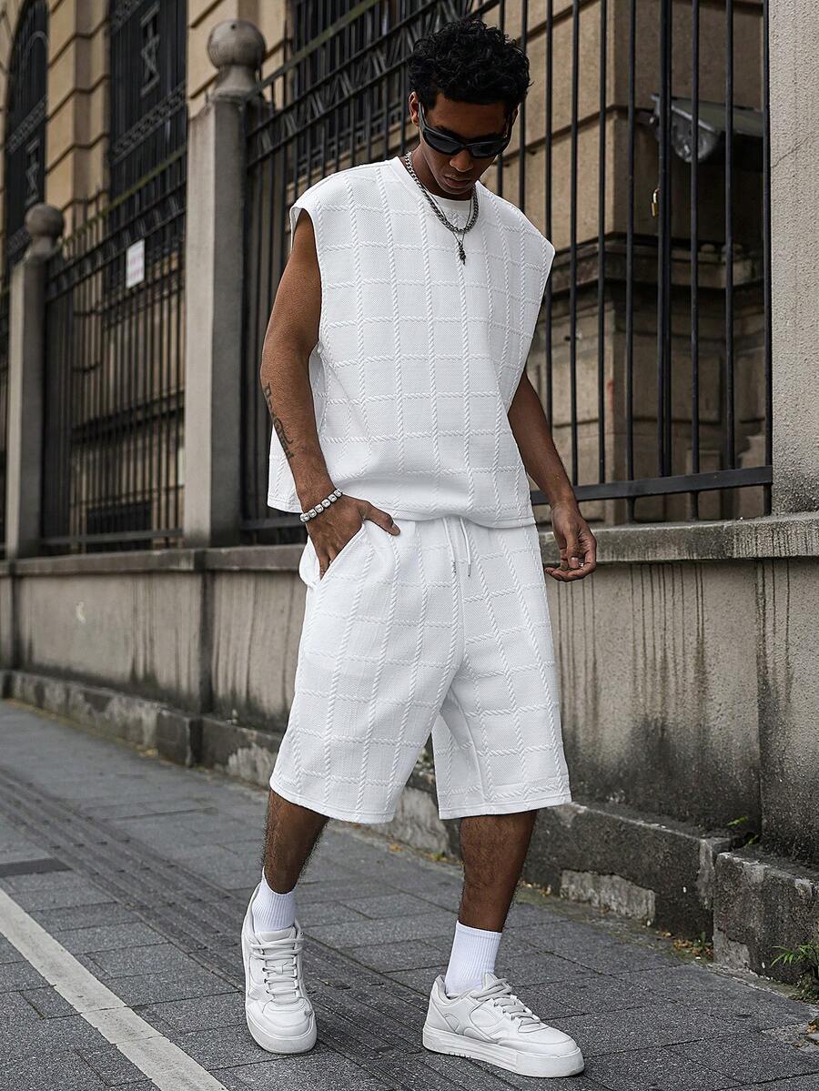 PAVTROS Men's Vest Set, Young Street Style, Quilted Fabric, Fashionable Daily Wear - White - View 1