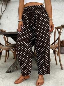 SHEIN VCAY 大码休闲波点印花松紧腰裤 - 棕色 - 查看 1