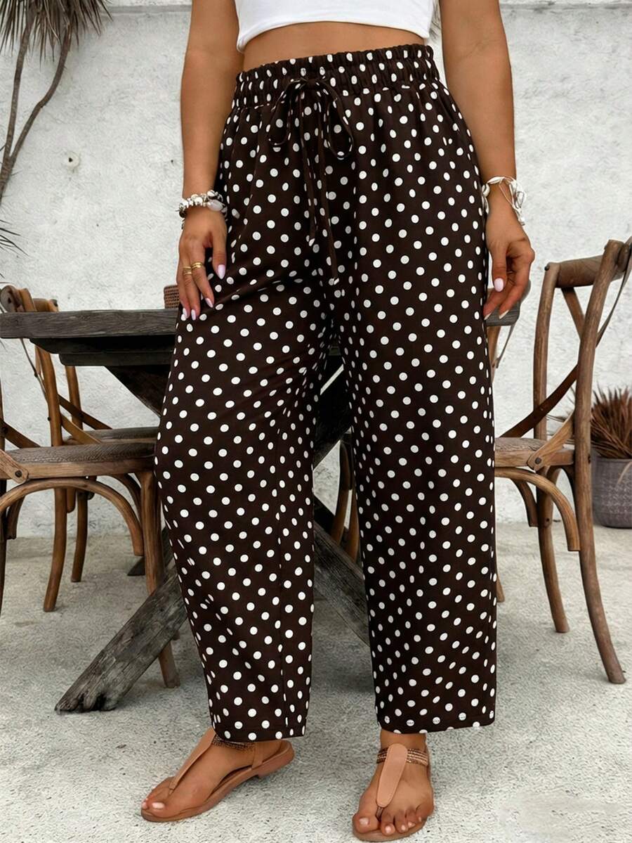 SHEIN VCAY 大码休闲波点印花松紧腰裤 - 棕色 - 查看 1