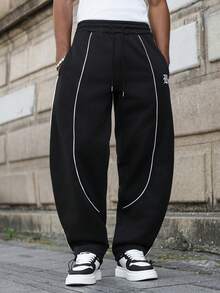 PAVTROS 男士INS风黑色弯刀裤，刺绣装饰，抽绳裤脚设计，休闲服饰，送给男友/老公的礼物，周年纪念礼物，宽松运动裤 - 黑色 - 查看 4