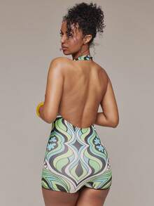 MUSERA Bộ jumpsuit ôm sát cổ cao in họa tiết, phong cách mùa xuân hè, lễ hội Ibiza, kỳ nghỉ, dễ thương, gợi cảm, phong cách Y2K, đi chơi đêm, câu lạc bộ, nhiệt đới, quyến rũ. - Nhiều màu - Xem 2