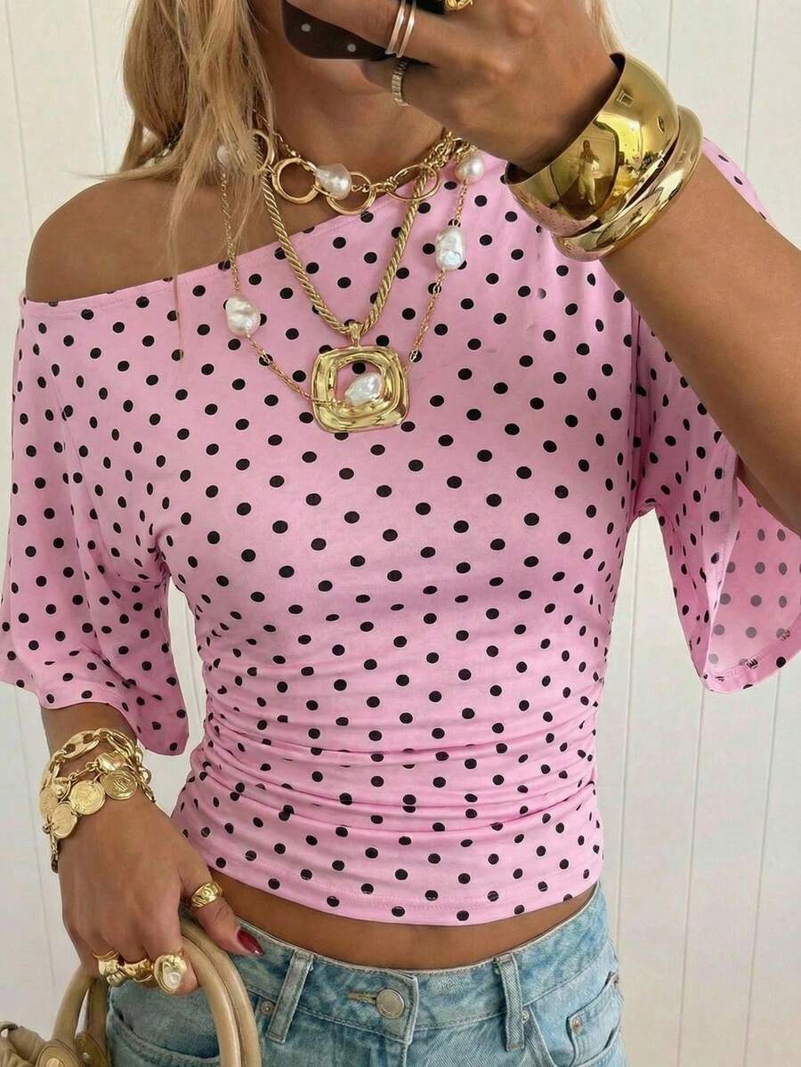 SHEIN EZwear Women's Contrast Polka Dot Print Short Sleeve Top - Pink - View 1