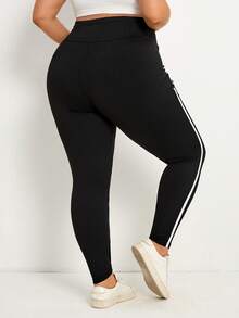 Plussiva Maternity Plus Size Adjustable High Waist Contrast Striped Side Skinny Leggings - Black - View 3