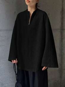 Women's Textured Zip-Up Casual Long Sleeve T-Shirt - Black - View 4