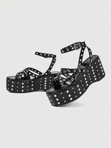 ROMWE Grunge Punk Giày sandal đế xuồng đính kim tuyến, khóa cài nhọn dành cho nữ. - màu đen - Xem 5