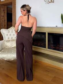 Jeta Ari Women's Simple Coffee Color Commuter Halter Top & Pants Suit,Business Commuter Suit,Office Two-Piece Set,Brown 2PCS, Solid Color Work Set - Brown - View 3