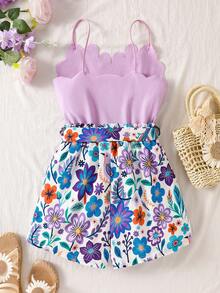 SHEIN Tween Girl Floral Print Curved Hem Camisole Romper - Purple - View 2