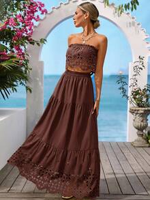 Vivid Eden Women's Solid Color Minimalist Daily Wear Bandeau Top And Skirt 2-Piece Set,Vacation Outfits Women - Brown - View 3