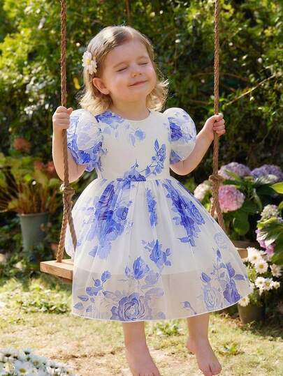 SHEIN Glamorique Kids Đầm công chúa cho bé gái, thắt nơ, vải jacquard organza hoa màu xanh dương, chất liệu cao cấp, đầm jacquard thanh lịch, phù hợp cho khu vực Trung Đông, Châu Âu và Châu Mỹ, đầm dự tiệc sang trọng, biểu diễn sân khấu và các dịp đặc biệt.
