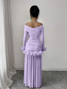 Elenzga New Arrival Spring/Autumn Elegant Romantic Solid Color Ruffle Decor Cross V-Neck Long Sleeve Pleated Fitted Mesh Patchwork Bodycon Dress For Women - Mauve Purple - View 2