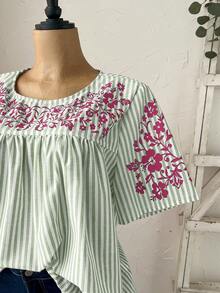 Rusticease 大码女式春季休闲度假短袖条纹印花衬衫 - 薄荷綠 - 查看 7