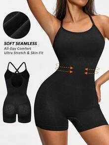 Bodysuits de mujer SHAPORA de color sólido con espalda cruzada, que levanta el trasero, sin costuras, sexy con tirantes, control de abdomen, efecto estilizante, sin mangas, de punto. - Negro - Ver 8