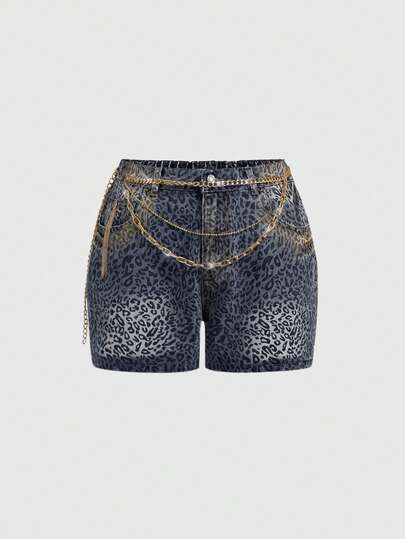 ROMWE Grunge Punk Punk Y2K Leopard Print Metal Rhinestone Chain Decor Mini Denim Shorts, Subculture Leopard Print Punk Plus Size Denim Shorts