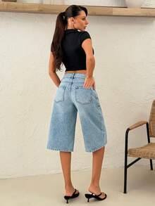 SHEIN WOMEN LOW WAIST STRAIGHT DENIM BLUE JEAN SHORT CASUAL - Medium Wash - View 2