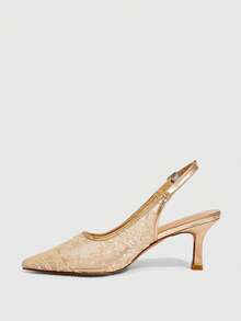 CUCCOO SZL 女士夏季新款刺绣蕾丝尖头猫跟鞋，优雅浪漫杏色蕾丝网面高跟鞋，露跟礼服鞋，婚鞋，约会优雅穿搭，婚礼季晚宴圣诞鞋 - 香檳繡線 - 查看 4