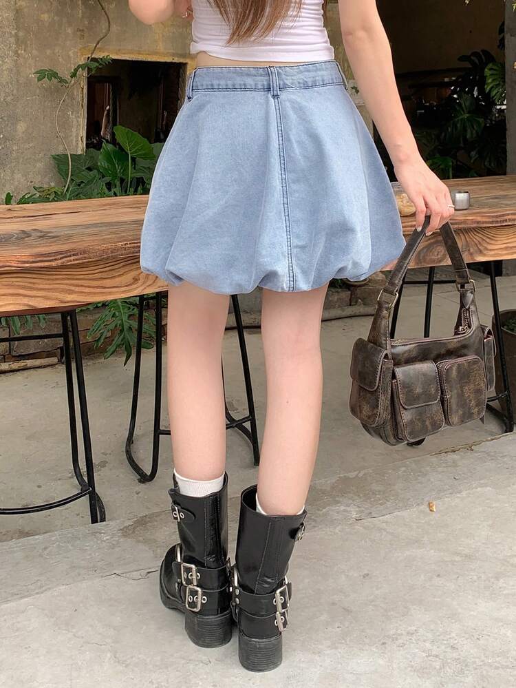 Women's Casual Everyday Denim Ruffle Hem Mini Skirt With Pockets
