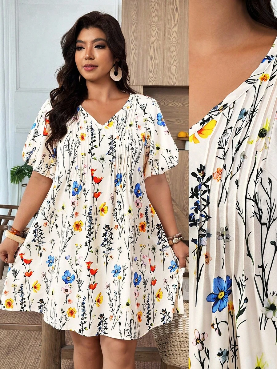 SHEIN LUNE Plus Size Women's Fashionable Spring/Summer French Romantic Retro Elegant Casual Commute Floral Print Dress - Apricot - View 1