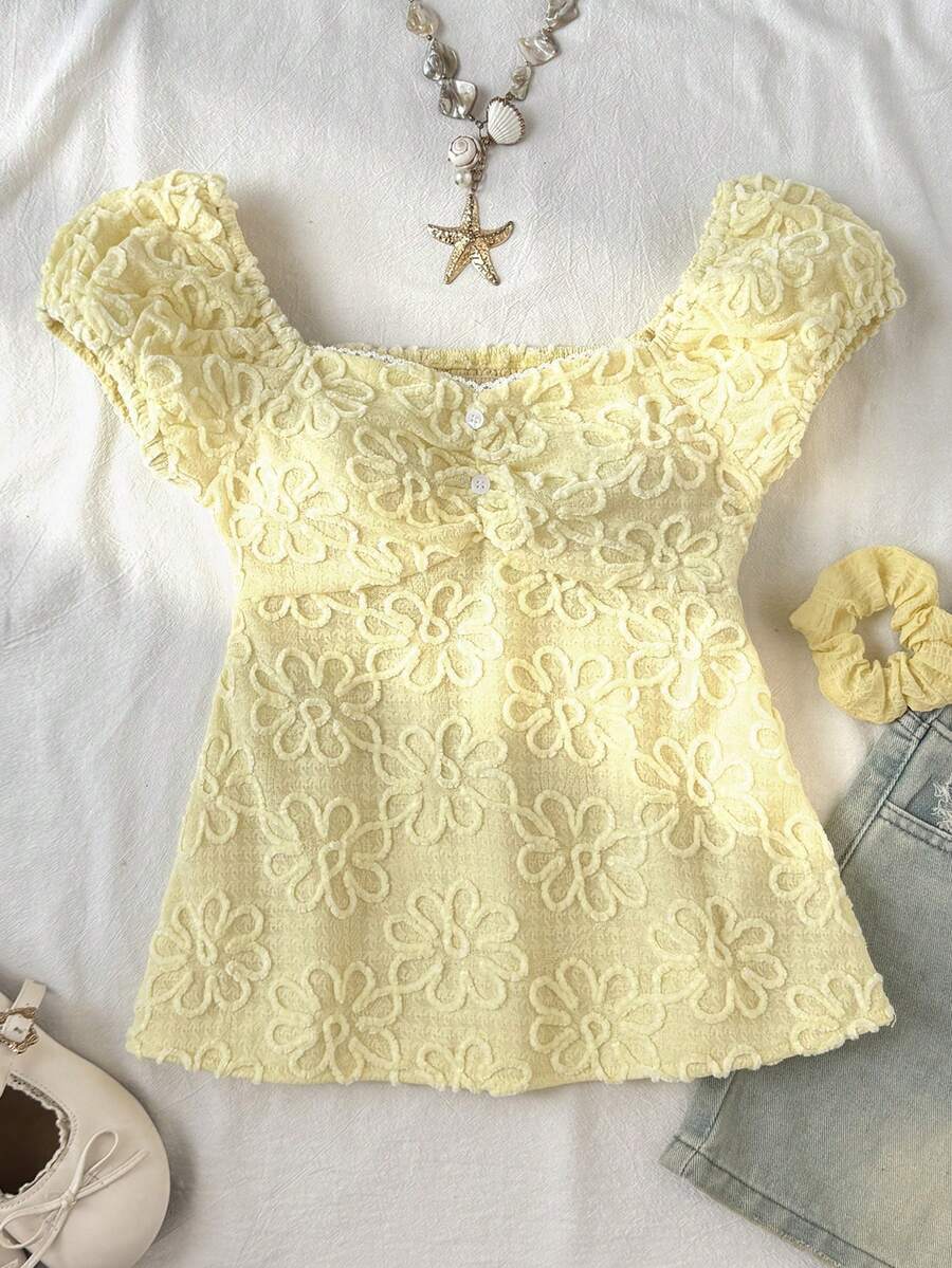 SHEIN Áo babydoll cổ trái tim màu vàng, chất liệu vải dệt họa tiết, phong cách thường ngày, thích hợp cho bé gái tuổi teen, thích hợp cho kỳ nghỉ hè. - Màu vàng - Xem 1
