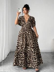 SHEIN PETITE CURVE Plus Size & Petite Women's V-Neck Gathered Waist Flared Leopard Print Elegant Dress - Brown - View 7