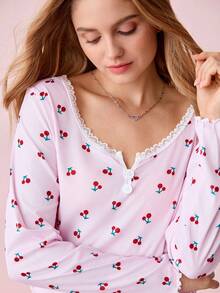 Bonmuse Bộ đồ ngủ áo và quần in họa tiết hoa anh đào toàn thân, tay dài, mùa lễ, họa tiết hoa lộng lẫy, ấm cúng và thanh lịch, trang phục thu đông - Màu Hồng baby - Xem 10