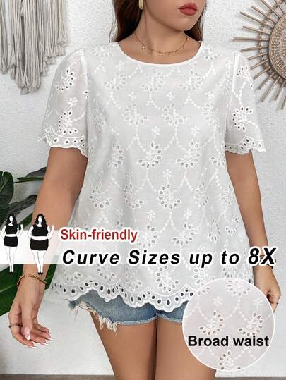 SHEIN CURVE+ Áo kiểu nữ cỡ lớn thêu họa tiết cổ tròn, kiểu dáng thường ngày, đa năng.