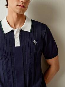 RONVEXI 男士字母刺绣撞色 Polo 领短袖针织衫 - 彩色 - 查看 3