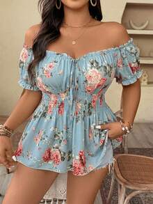 Weeklong Spring/Summer New Plus Size Women's Off-Shoulder Cinched Waist Floral Print Elegant Fashionable Blouse, Suitable For Dates, Travel, Etc. - Baby Blue - View 2