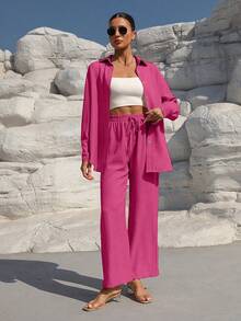 EMERY ROSE Bộ đồ hai mảnh nữ màu trơn, áo tay dài cài một hàng khuy và quần dài, kiểu dáng thường ngày. - Màu Hồng Tươi - Xem 3