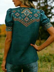 EMERY ROSE Blouse bohème rétro française d'été à col V et manches à volants pour femmes - Militaire verte - Voir 2