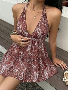 Sunnyshic 女士休闲度假日常百搭时尚波西米亚印花露背系带吊带连衣裙，春夏款 - 中紫紅色 - 查看 5