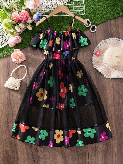 SHEIN Bộ áo liền quần lưới in hình bướm nhiều màu sắc, viền bèo nhún, kiểu dáng trễ vai cho bé gái tuổi teen, phong cách lễ hội mùa xuân/hè.