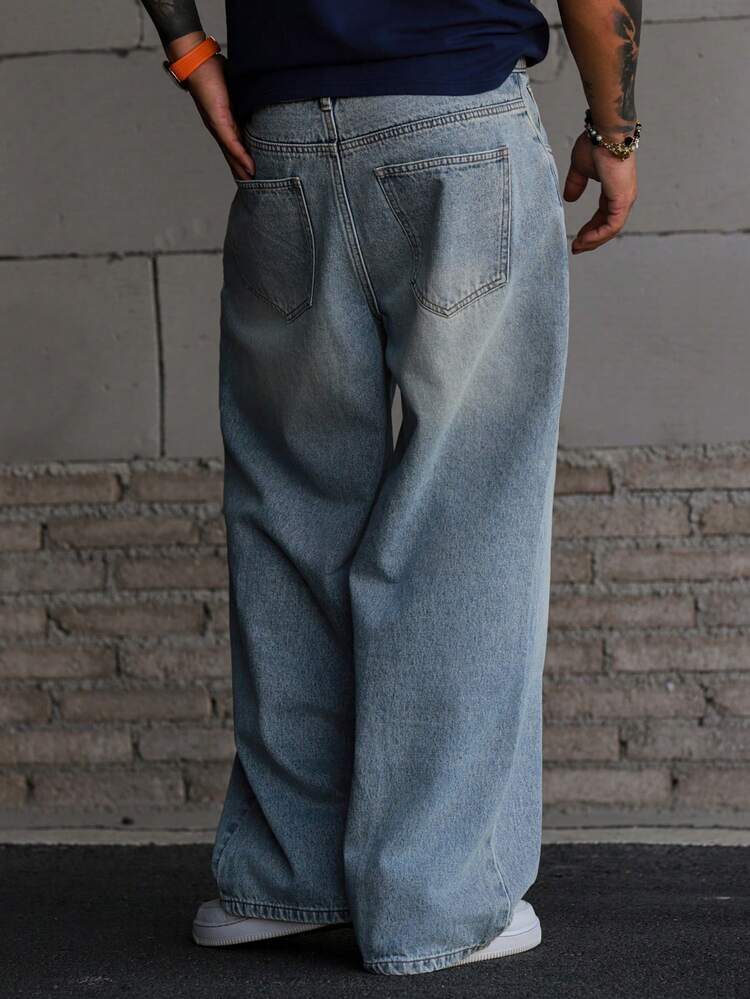 Men's Solid Blue Washed Vintage Style Denim Jeans, Suitable For Spring And Autumn