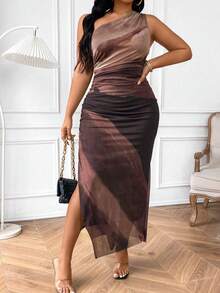 EMERY ROSE Plus Size Plus Size Summer Tie-Dye Printed Maxi Dress,Chocolate Brown Asymmetric Neckline Ruched Waist Side Slit Classy Night Out Club Elegant Party - Multicolor - View 5