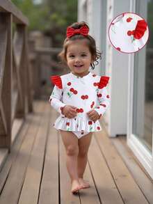 Baby Girl Cherry Print Ruffled One-Piece Swimsuit With Headband - Multicolor - View 5