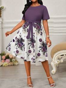 SHEIN Lady Đầm ngắn tay thắt eo in hoa thanh lịch dành cho nữ cỡ lớn, thích hợp cho kỳ nghỉ. - Nhiều màu - Xem 3
