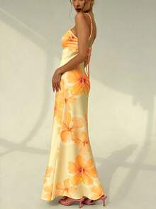 Aloruh 女士度假风吊带系带印花紧身连衣裙，春夏款 - 黃色 - 查看 6