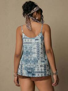 Freevana Áo camisole cỡ lớn kiểu Bohemian in họa tiết hình học, dây đeo đính hạt gỗ + dáng rộng, kiểu dáng retro mùa hè, áo không tay đa năng dành cho nữ. - Màu xanh lam - Xem 2